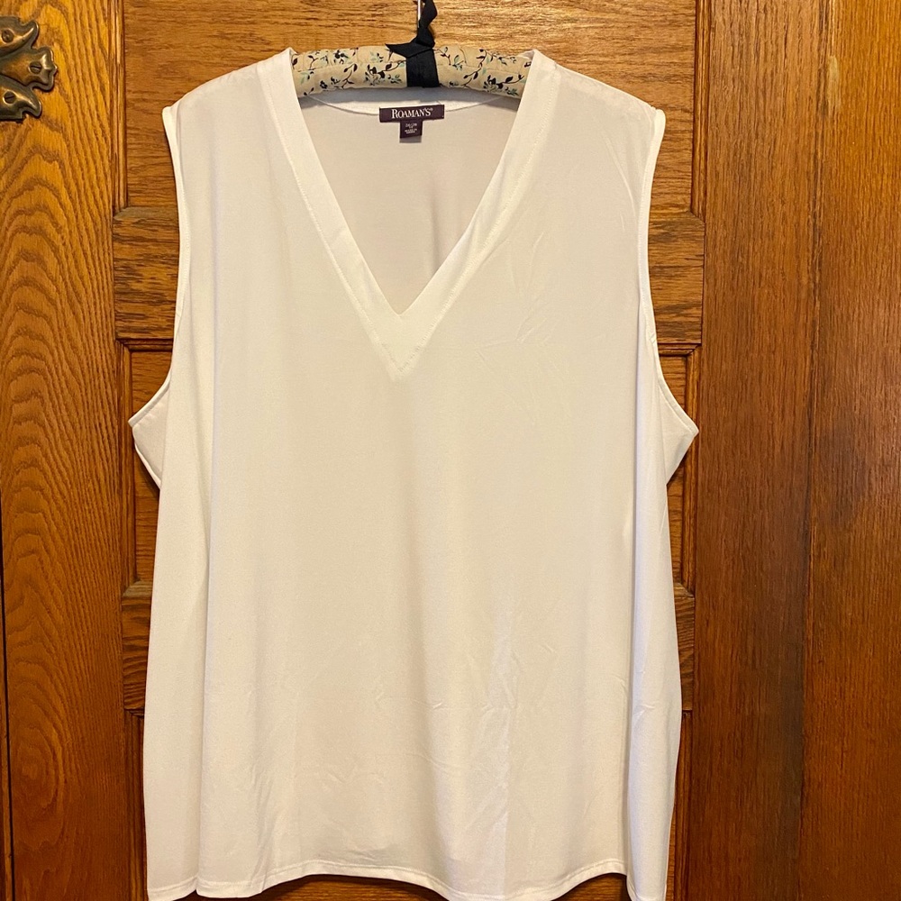 Smooth, soft Roaman’s V-neck tank top in white.